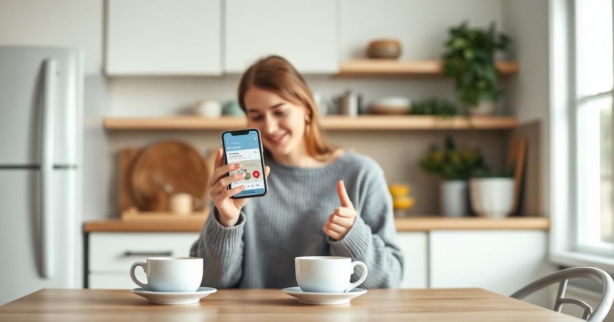Kvinna i kök jämför snabblån 5000 kr och mikrolån i mobilen